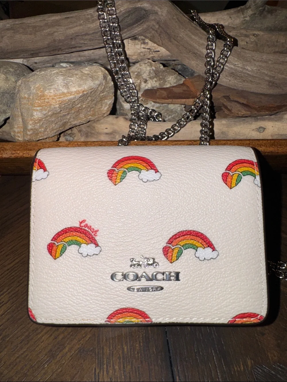 Coach Cream Mini Crossbody with Rainbow Print and Silver Chain